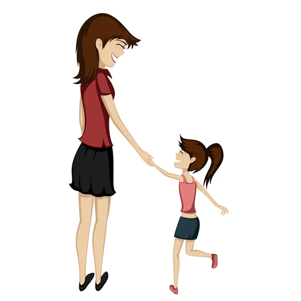 Mom and daughter - Brunette mom and daughter are holding hands a — Stock Vector