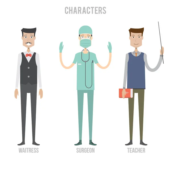Garson, cerrah ve öğretmen karakter kümesi içerir — Stok Vektör