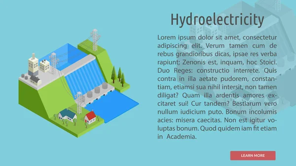 Isométrico Hydroelectricity Conceptual Banner — Archivo Imágenes Vectoriales