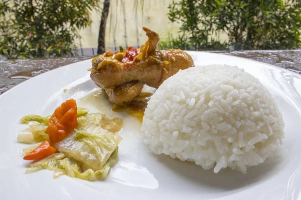 Saus Kedelai Ayam Dengan Nasi Pangan Ayam Makanan Indonesia — Stok Foto