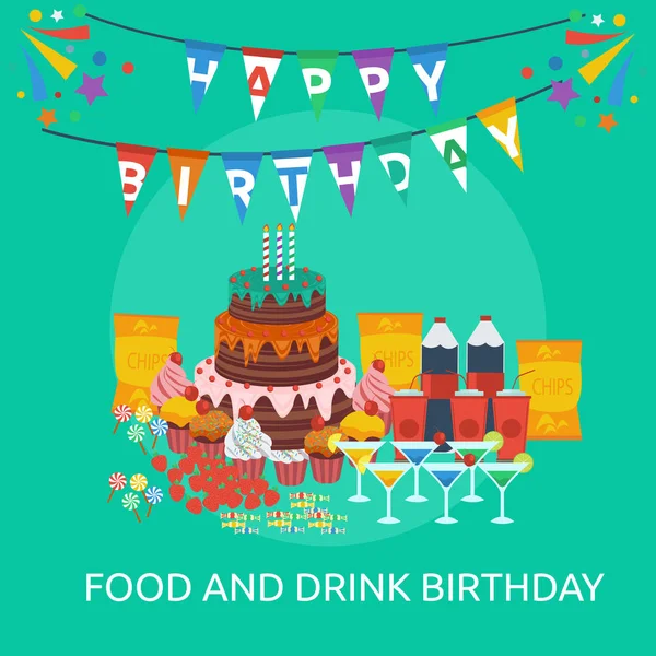 Comida Bebida Cumpleaños Diseño Conceptual — Archivo Imágenes Vectoriales
