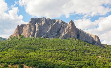 Bir vadi üzerinde yükselen görkemli bir dağ ormanları ile kaplı 