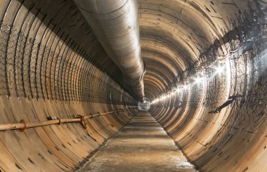 Boş Tünel metro için yapım aşamasında. Tavan Metro'ya altında büyük geçici havalandırma boru. Çerçeve merkezi üzerinde odaklanmak