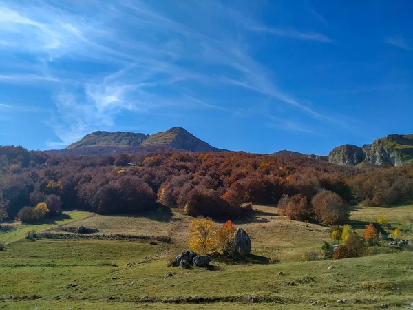 Blick auf Berge, bunte Wälder, grüne Wiese und herbstliche Jahreszeit wechselnde Natur an einem schönen klaren blauen Himmelstag beim Wandern in einer friedlichen gesunden Umgebung — Stockfoto