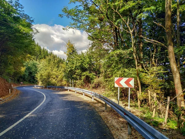 Metal çit bariyeri olan yeni asfalt yol ve doğa tarafından çevrili viraj işareti.