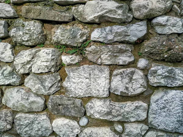 Steinmauer Hintergrund aus Ziegeln an einer Wand des Gebäudes im Freien mit rauer Textur und interessanten natürlichen Muster mit Gras und anderen Pflanzen — Stockfoto