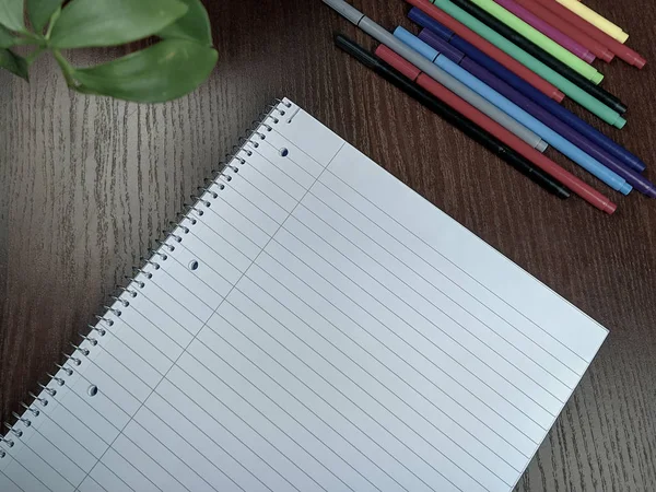Top view image of empty notebook paper sheet with lines, holes and spiral on wooden desk background, colorful pens and a plant on a desk — Stock Photo, Image