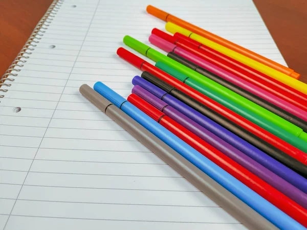 Primer plano de muchos bolígrafos con diferentes colores colocados en la parte superior del cuaderno vacío blanco con líneas y espiral para tomar nota en la escuela y una mejor organización — Foto de Stock