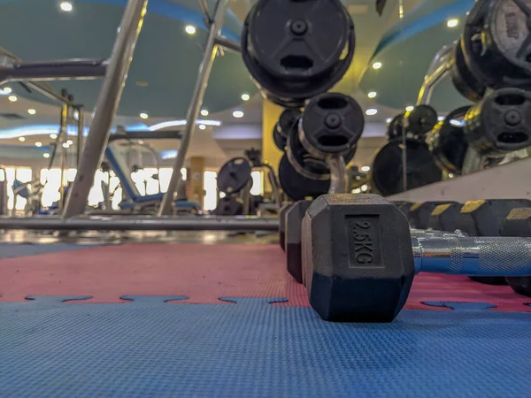 A lot of heavy dumbbells stacked and lined, organized on the soft rubber floor of modern gym interior with many different equipment in the background for weight lifting and body building