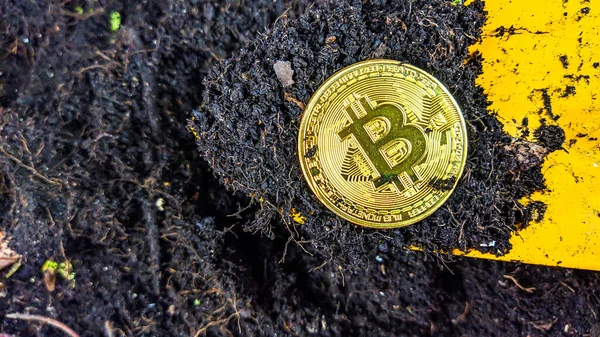 Bitcoin dourado pegou com uma pá de um solo apresentando um conceito de mineração das criptomoedas como um investimento Imagem De Stock