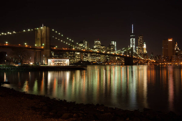 New York night view from Brooklyn. Long exposure, silk effect