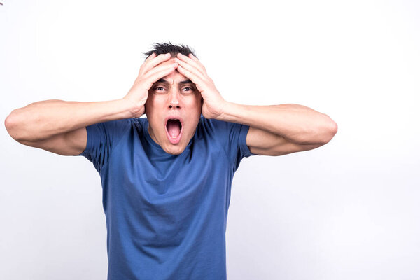 Surprised man. White background, Medium shot