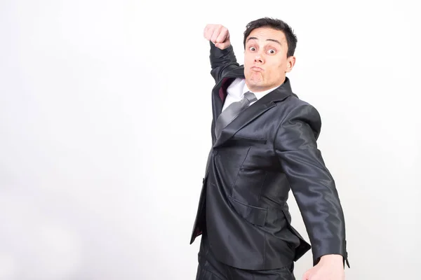 Man Suit Looking Violently Forward Punch Him White Background Middle — Stock Photo, Image