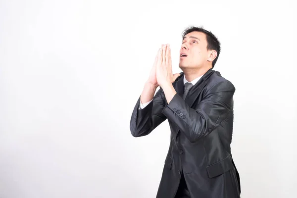 Man Suit Praying White Background Medium Shot Stock Photo