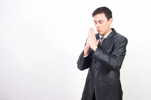 Man Suit Praying White Background Medium Shot Stock Image