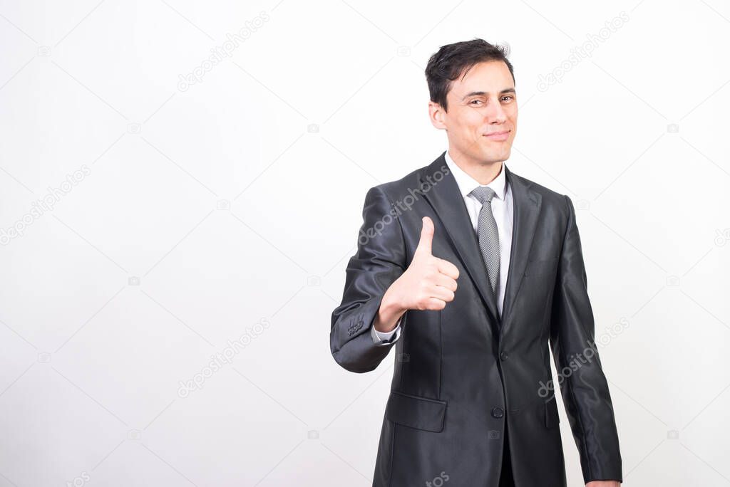 Satisfied man in suit. White background, Medium shot