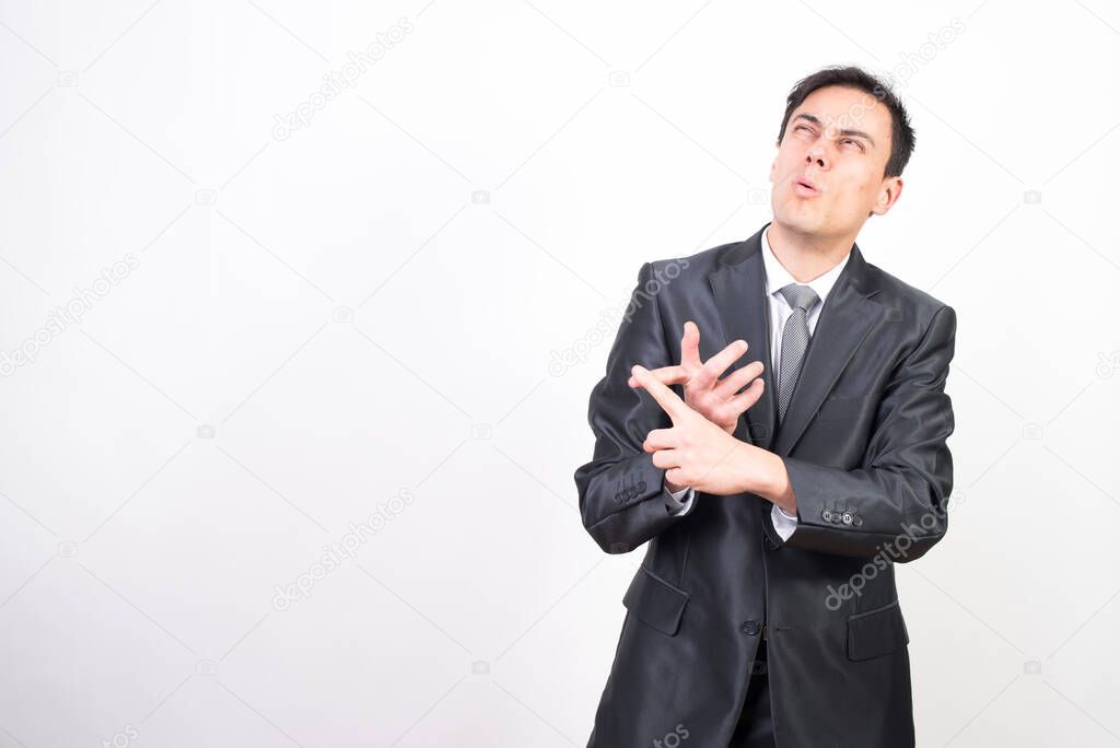 Man in suit counting on fingers. White background, Medium shot