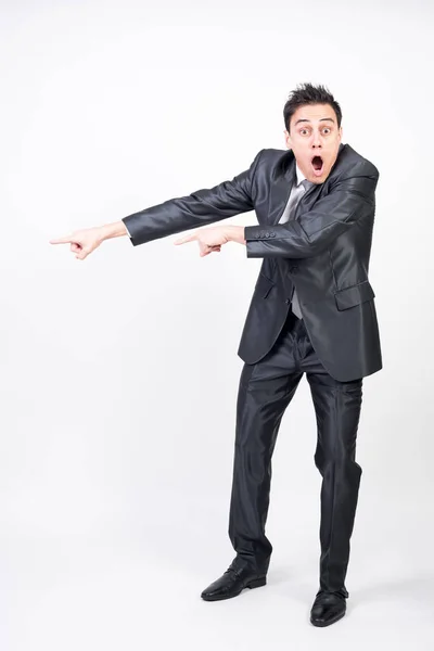 Surprised Man Suit Pointing Copy Space White Background Full Body — Stock Photo, Image