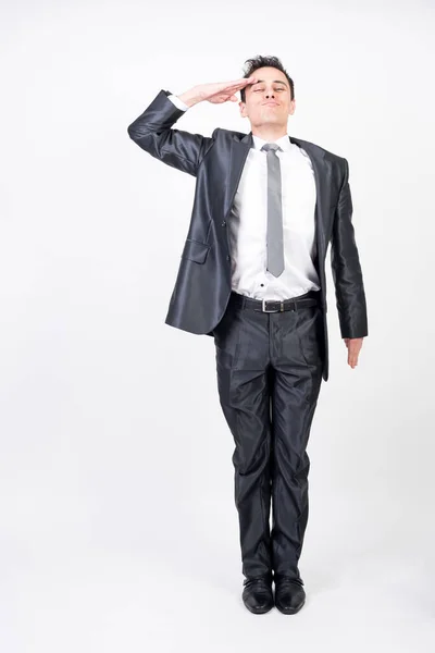 Soldado Traje Saludo Fondo Blanco Cuerpo Entero — Foto de Stock