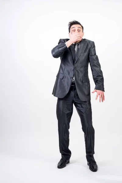 Man Suit Covering His Mouth His Hands Because Said Something — Stock Photo, Image