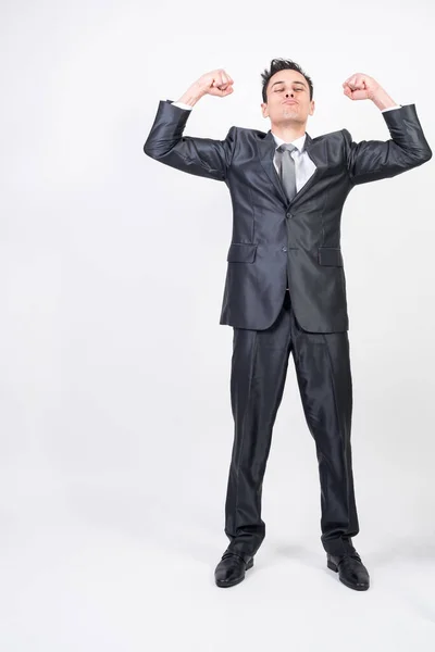 Man Suit Pulling Out Biceps White Background Full Body — Stock Photo, Image