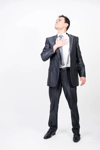 Honest Man Suit Hand Heart White Background Full Body — Stock Photo, Image