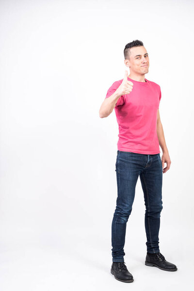 Satisfied man. White background, full body