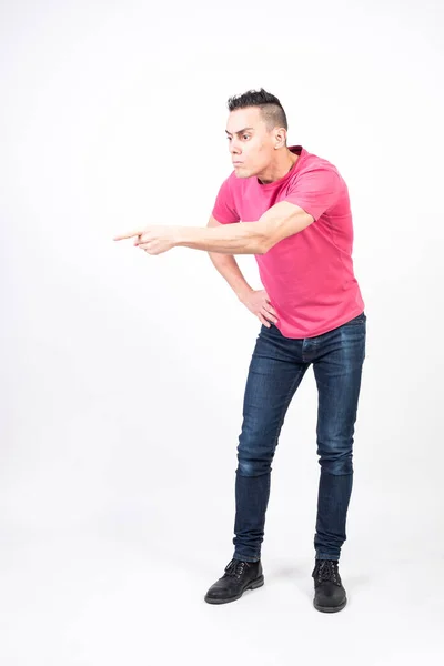 Homem Repreender Alguém Fundo Branco Corpo Inteiro — Fotografia de Stock