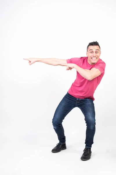 Hombre Sonriente Apuntando Espacio Copia Fondo Blanco Cuerpo Completo — Foto de Stock