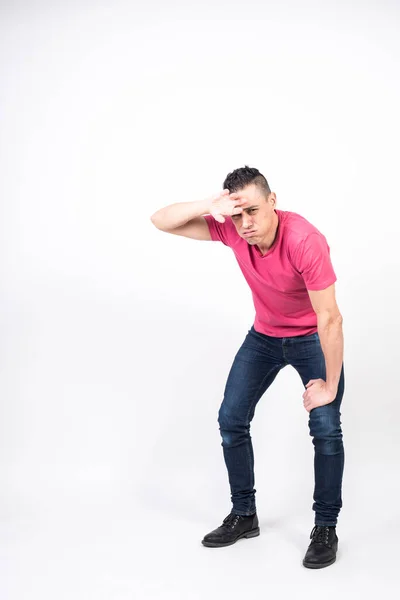 Homem Cansado Limpando Suor Sua Testa Com Parte Trás Mão — Fotografia de Stock