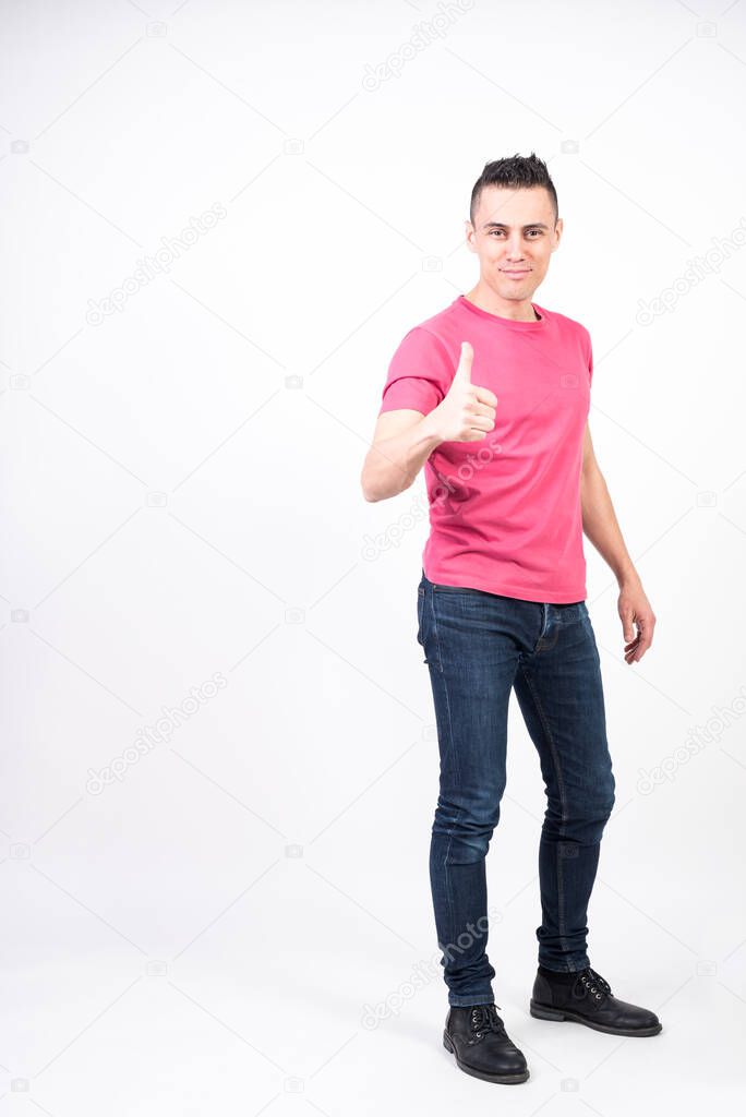 Satisfied man. White background, full body