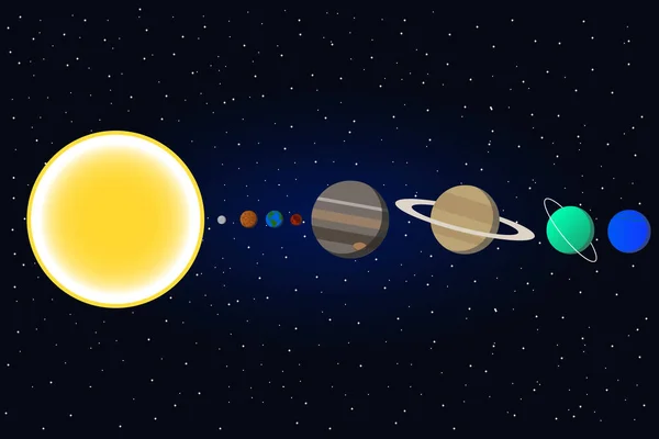 Sistema solar con sol, planetas y estrellas. Ilustración vectorial . — Vector de stock