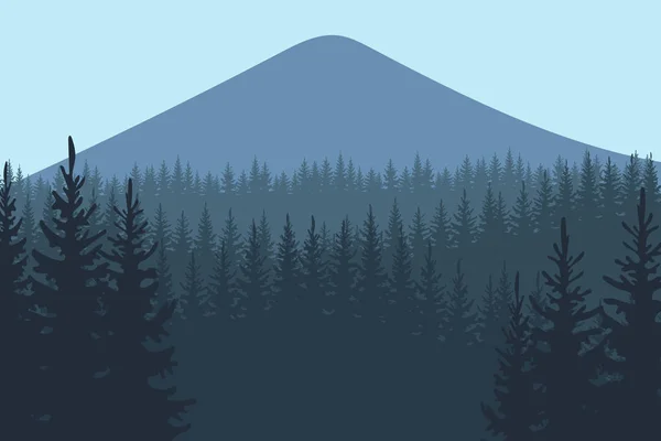 Illustration of hills of coniferous wood in dark blue tone. Vector. — Stock Vector