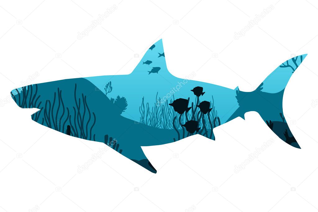 Underwater world with different animals. Low polygon style flat illustrations.