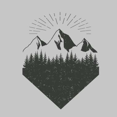 Logotype şablonu dağlar, orman ve ağaçlarla dolu. Vektör.