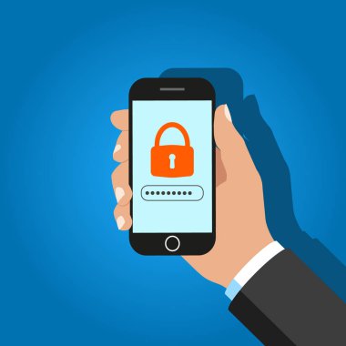 Akıllı telefon kilit ekranı. El ele tutuşan akıllı telefon. Vektör çizimi. Düz tasarım.