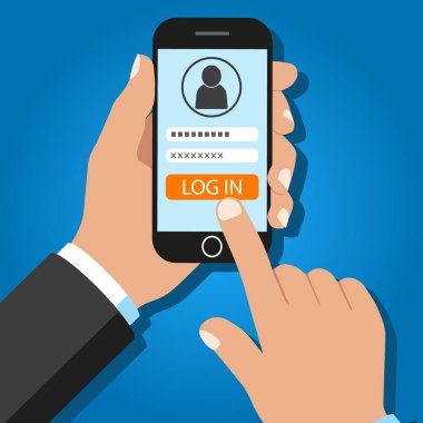 Akıllı telefon ekranının sayfasını imzala. Telefonu tut. Vektör.