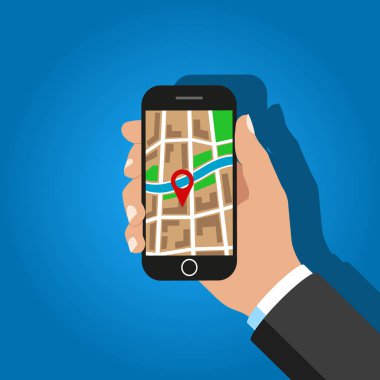 GPS navigatör arayüzü şehir haritası ve pimi ile. Vektör.