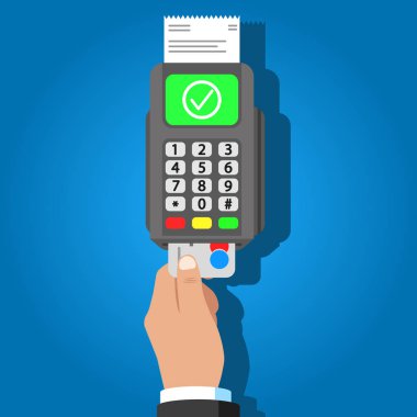 Pos terminali, eklenmiş kredi kartı ve basılı makbuzla. Vektör.