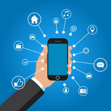 Simgelerle el ele tutuşan cep telefonu. İletişim kavramı. Vektör.