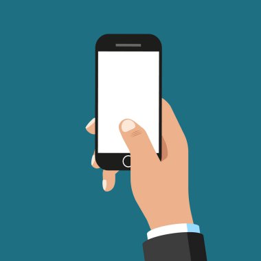 Mavi arka planda el ele tutuşan akıllı telefon. Düz tasarım