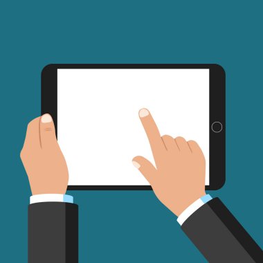 Tablet bilgisayarının boş ekranına elle dokunmak. Vektör illüstrasyonu.