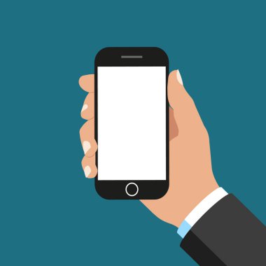 El ele tutuşan akıllı telefon. Düz dizayn. Vektör illüstrasyonu.