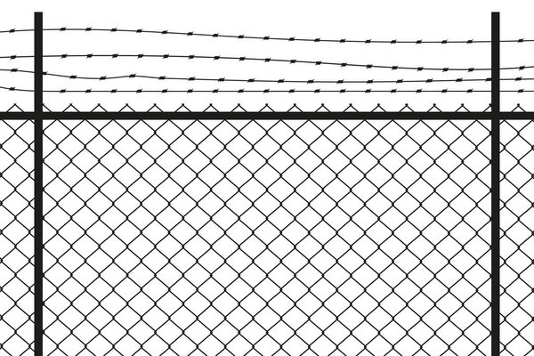 Silhouette graphic depicting a chain link and barbed wire fence. Vector.
