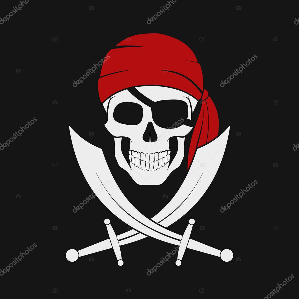 Illustration of pirate skull in red bandana with cross Swords.