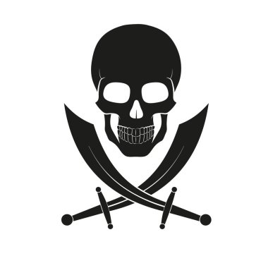 Beyaz arka planda izole edilmiş kılıçlarla sırıtan korkunç bir kafatası..