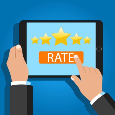 Tablet, reytingli ellerde. Vektör illüstrasyonu.