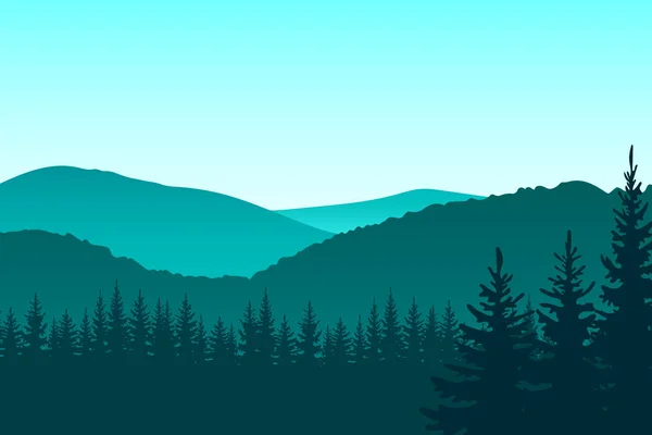 Forest silhouette with mountains, sky and woods . Panorama background. — Stock Vector