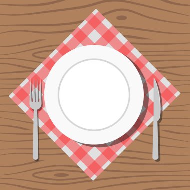 Kırmızı kumaşa çatal ve bıçak saplanmış. Düz biçimdeki vektör illüstrasyonu.