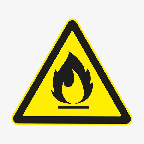 Flammable Fire Hazard warning symbol on yellow triangular sign. Vector.